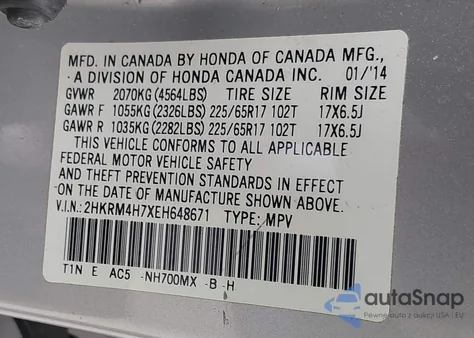2014 Honda Cr-V Ex-L from USA, damaged, VIN 2HKRM4H7XEH648671